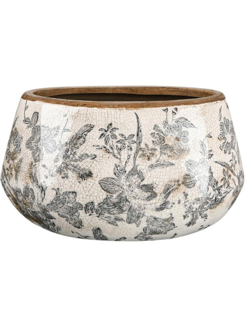 Large Vintage Ceramic Planter - 9.8 Inch Gray Floral Pot with Drainage Holes for